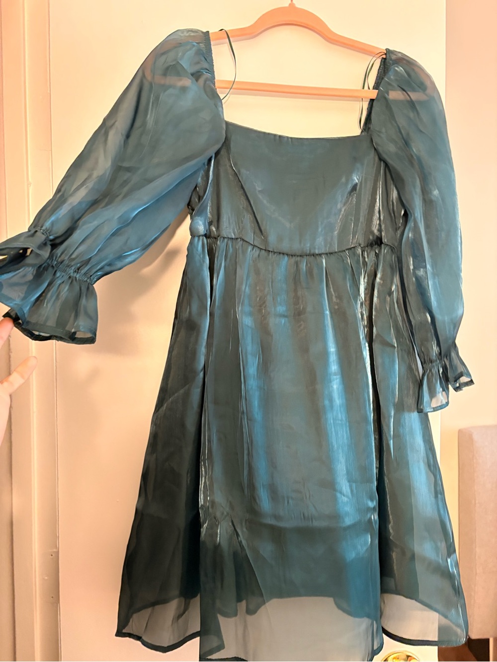 Sheer Teal Square-Neck Long Sleeve Midi Dress by